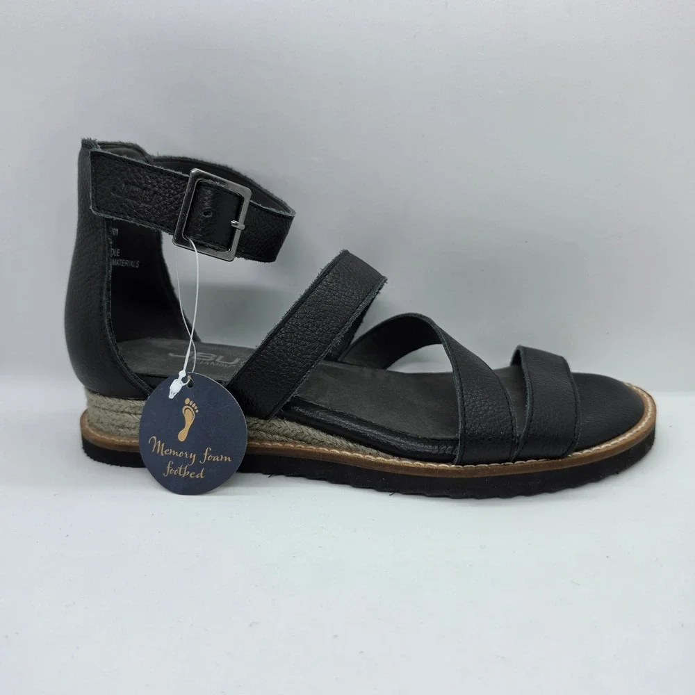 JBU by Jambu Riviera Black Leather Strappy Wedge Sandals JB17RIV01 Womens‎ 6M